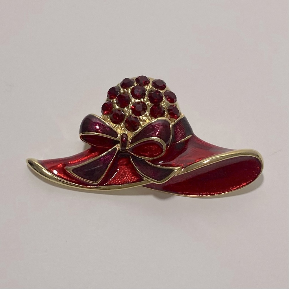 Vintage Gold Toned Red and Purple Hat With Rhinestones Brooch